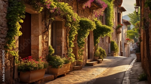 A quiet cobblestone street in a quaint village, lined with charming cottages and ivy-covered walls © ra0