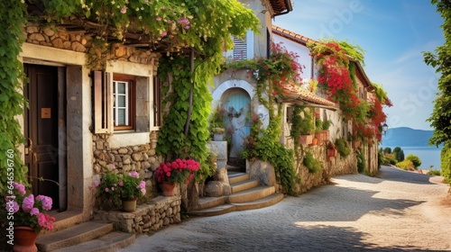 A quiet cobblestone street in a quaint village  lined with charming cottages and ivy-covered walls