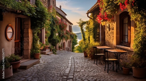 A quiet cobblestone street in a quaint village, lined with charming cottages and ivy-covered walls © ra0