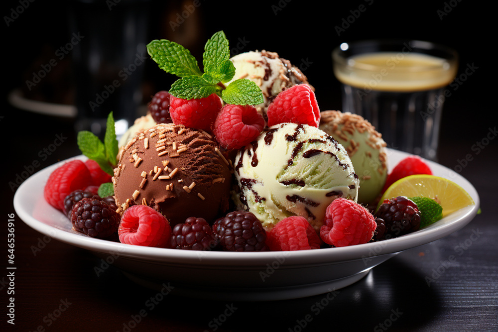 bowl with delicious vanilla ice cream with strawberries and chocolate on black background, closeup bowl with delicious vanilla ice cream with strawberries and chocolate on black background, closeup