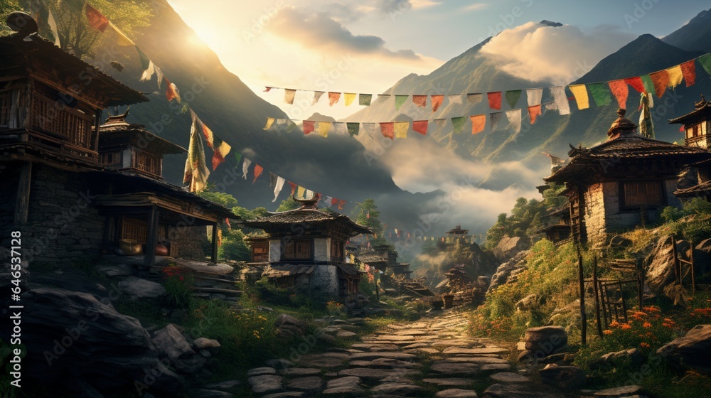 a remote village in the Himalayan foothills, with prayer flags, monasteries, and the spiritual ambiance of the mountainous region - obrazy, fototapety, plakaty 