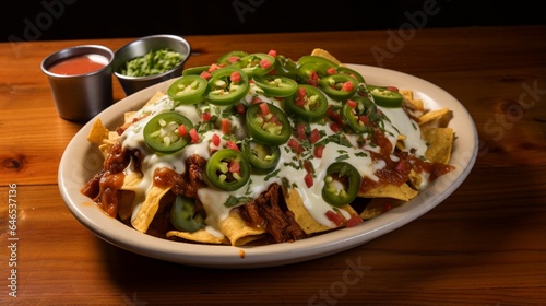 A satisfying plate of nachos, smothered in melted cheese and jalape?+/-os