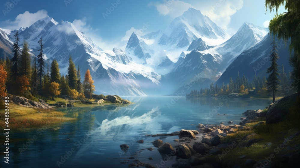 a secluded mountain vista, with snow-capped peaks, a serene alpine lake