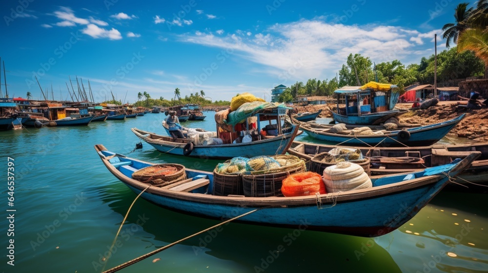 a serene coastal fishing village, with colorful boats, nets drying in the sun