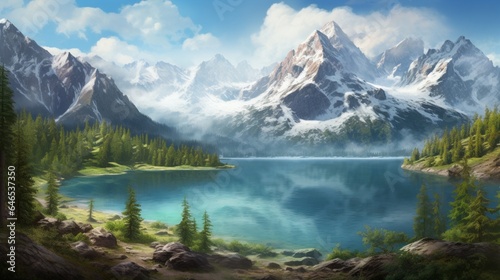 a secluded mountain vista, with snow-capped peaks, a serene alpine lake © ra0