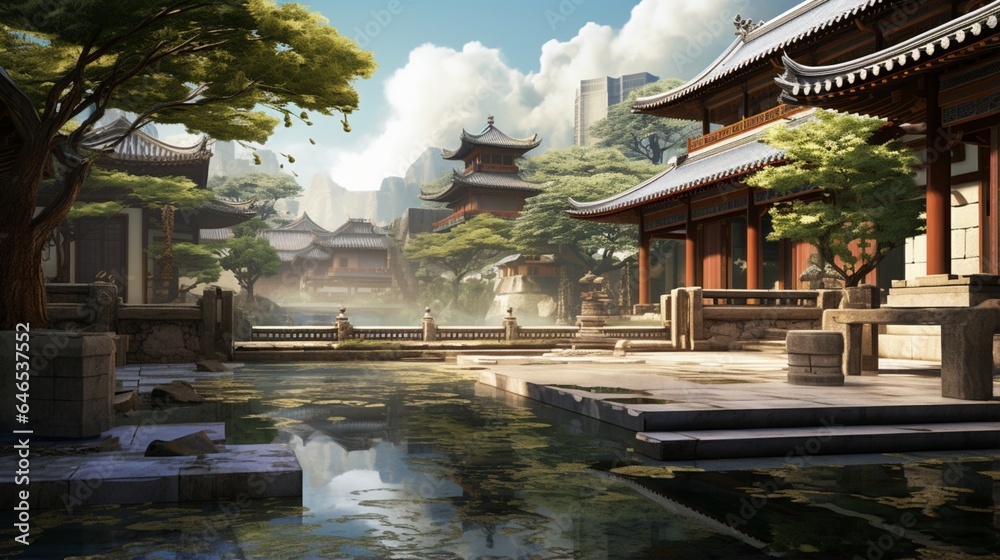 A serene temple courtyard hidden within the urban sprawl