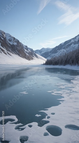 winter lake in the mountains  lake and mountains in the winter  winter scene in mountains  polar scene