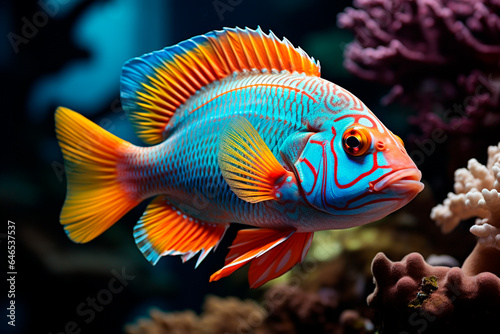colorful aquarium with fish in the dark background