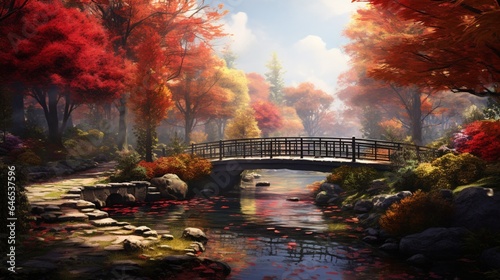 A serene urban park with a charming bridge, surrounded by vibrant autumn foliage