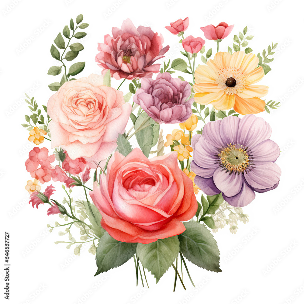 Watercolor flowers bouquet clipart, Floral illustration set isolated jn white background. Perfect for card design, wedding invitation, fabric, home decoration