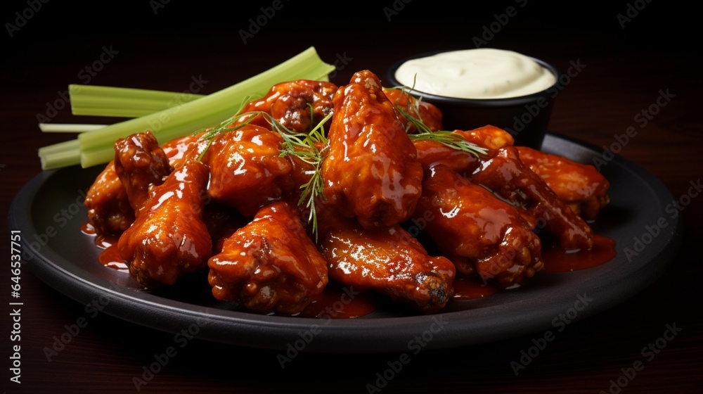 A serving of mouthwatering buffalo wings, glazed with tangy sauce