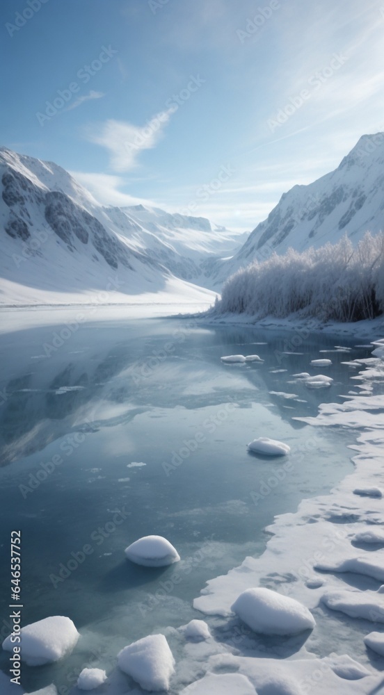 winter lake in the mountains, lake and mountains in the winter, winter scene in mountains, polar scene