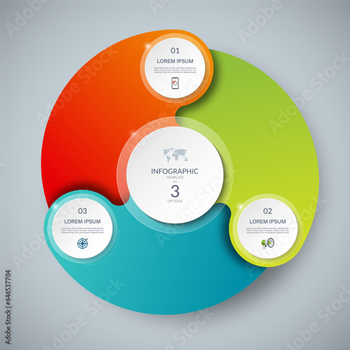 Vector infographic circle. Cycle diagram with 3 steps. Round chart that can be used for report, business infographics, data visualization and presentation.