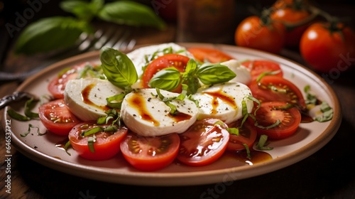 A serving of fresh, vibrant caprese salad with ripe tomatoes