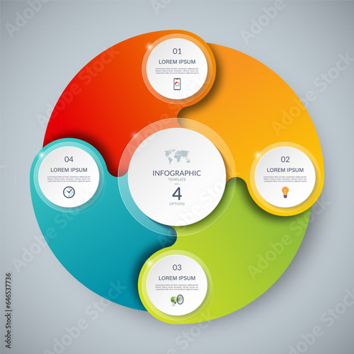 Vector infographic circle. Cycle diagram with 4 steps. Round chart that can be used for report, business infographics, data visualization and presentation.