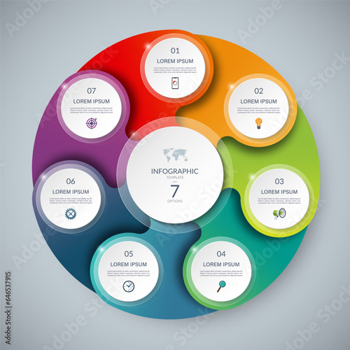 Vector infographic circle. Cycle diagram with 7 steps. Round chart that can be used for report, business infographics, data visualization and presentation.