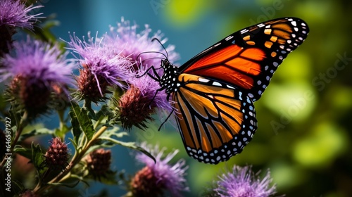 A stunning monarch butterfly delicately sipping nectar from a wildflower © ra0