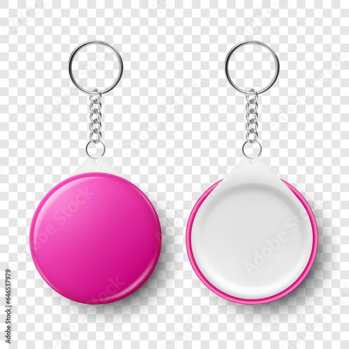 Vector Realistic Blank Pink Round Keychain with Ring and Chain for Key Isolated. Button Badge with Rin, Plastic or Metal ID Badge with Chains Key Holder, Design Template, Mockup. Front View