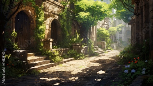 A sun-dappled alleyway  with sunlight filtering through lush foliage