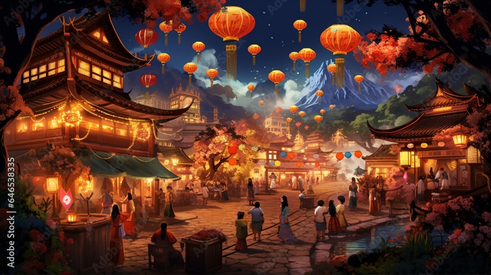 a traditional Asian village during a lantern festival, with illuminated lanterns, vibrant colors, and the enchanting atmosphere