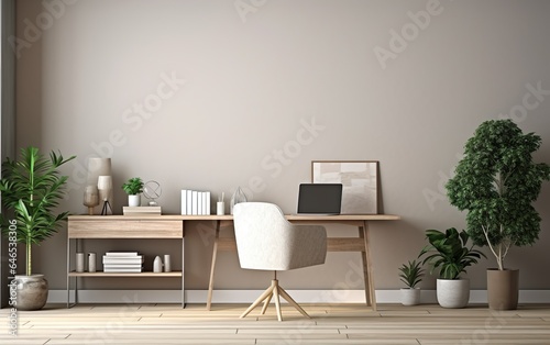 Workplace in bright Scandinavian interior  computer and keyboard on wooden table.  Modern interior design concept.