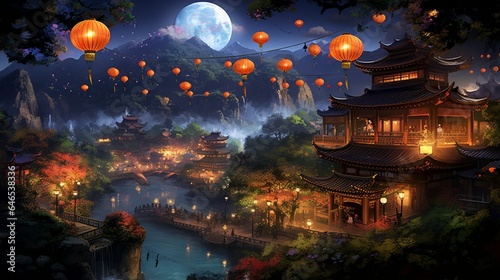 a traditional Asian village during a lantern festival, with illuminated lanterns, vibrant colors, and the enchanting atmosphere © ra0