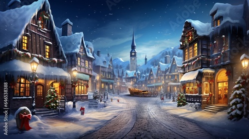 a traditional mountain village in the midst of a snowy winter, with snow-covered roofs, festive lights, and the cozy ambiance of holiday season