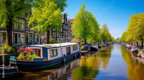 A tranquil canal lined with historic houseboats, each with its own character
