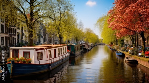 A tranquil canal lined with historic houseboats, each with its own character