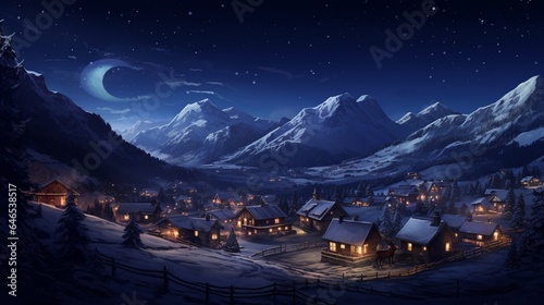 a tranquil mountain village at night, with cozy fires, starry skies, and the peaceful ambiance of alpine evenings
