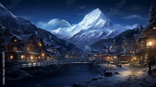 a tranquil mountain village at night, with cozy fires, starry skies, and the peaceful ambiance of alpine evenings © ra0