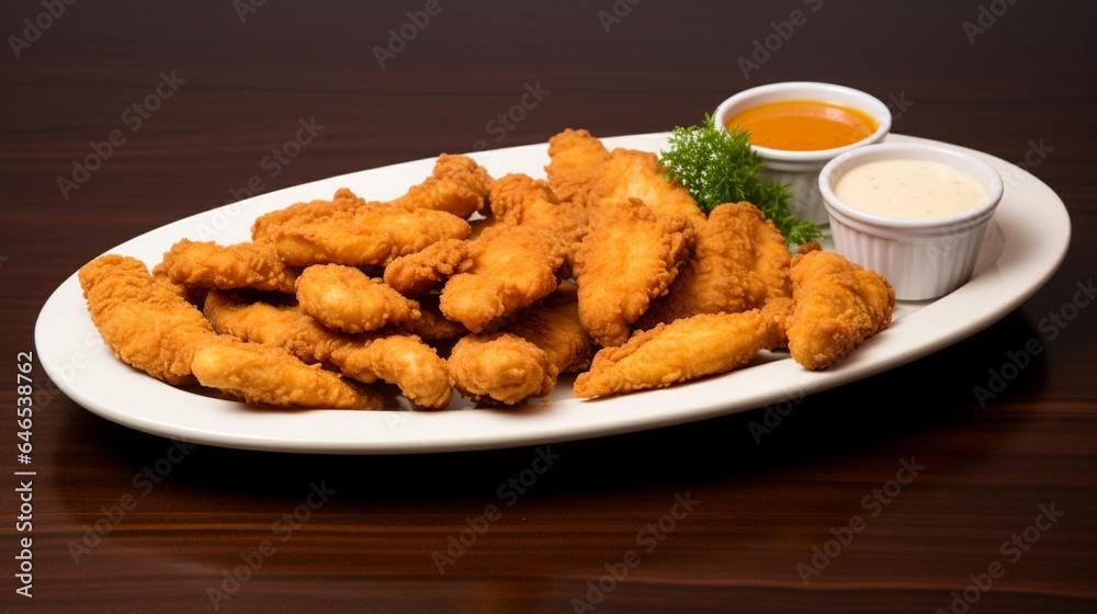 A tray of delectable chicken tenders, served with a side of creamy dipping sauce