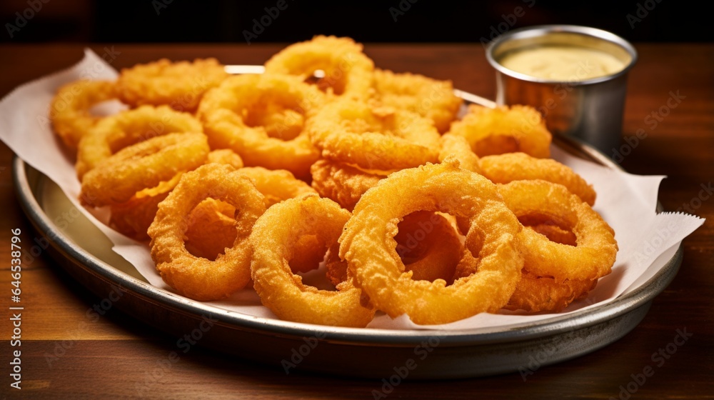 A tray of golden onion rings, displaying their irresistible crunch