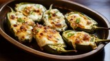 A tray of delectable stuffed jalape?+/-o poppers, oozing with cheese