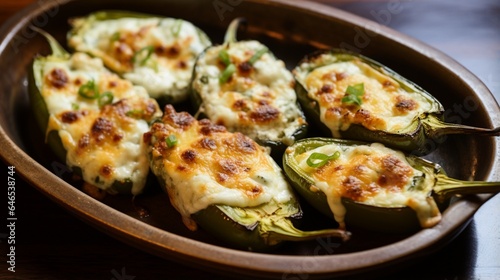 A tray of delectable stuffed jalape   -o poppers  oozing with cheese