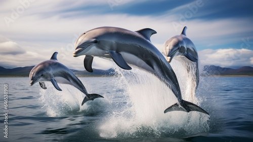 A trio of leaping dolphins captured in mid-air during a high-speed chase