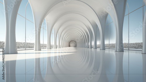 Corridor, empty passage, minimalist, white columns with arches and large windows