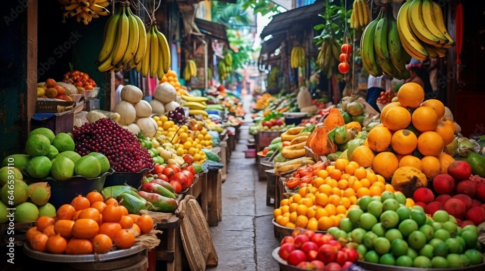 A vibrant street market, filled with exotic fruits and spices