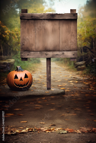 Rustic Wooden Blank Empty Sign Post Outdoors Halloween Background