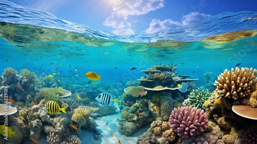 A vibrant coral reef teeming with exotic marine life in crystal-clear waters