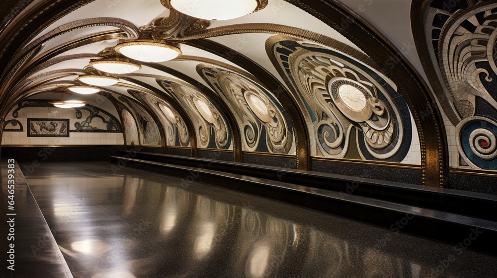 An art deco-inspired subway station, with intricate mosaics and polished marble