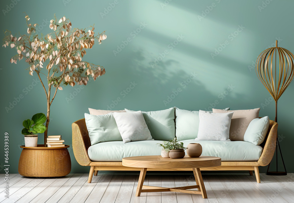 Round wood coffee table near wicker sofa with mint cushions against turquoise wall with copy space. Scandinavian home interior design of modern living room.