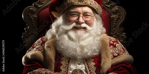Nikolaus Gesicht mit Mütze und Bart lacht in die Kamera Nahaufnahme Querformat für Banner, ai generativ