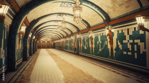 An art deco-inspired subway station, with intricate mosaics and polished marble