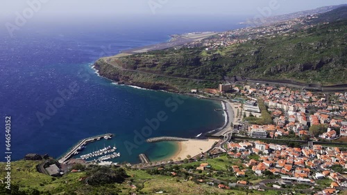 Magnificent view of a beautiful Praia de Machico beach in Madeira Island on sunny windy day