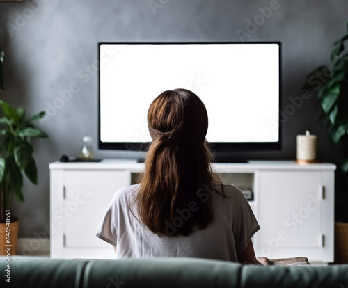 Woman in a sofa staring at a TV on a wall with transparent texture. Concept of streaming, binge watching and screen time. Shallow field of view.