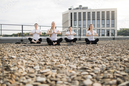 Females meditating in lotus pose with namaste on terrace © sofiko14