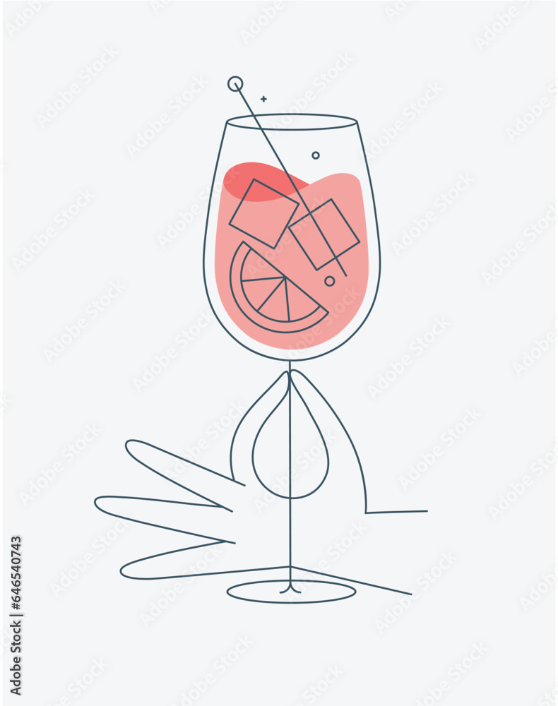Hand holding glass of spritz cocktail drawing in flat line style