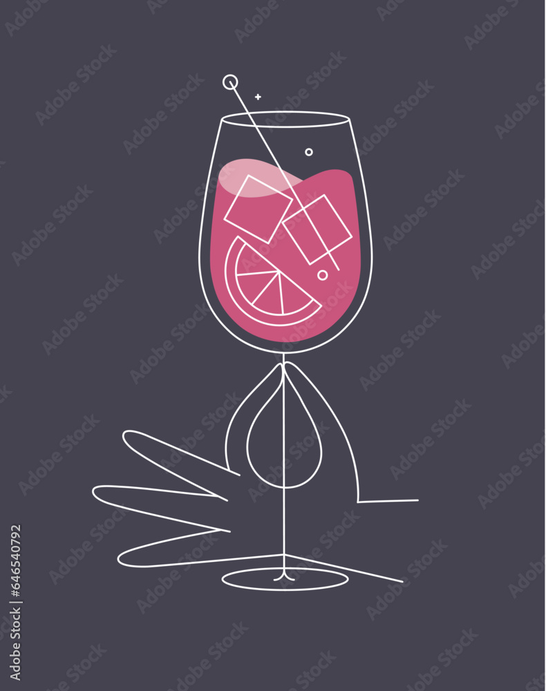Hand holding glass of spritz cocktail drawing in flat line style on dark blue background