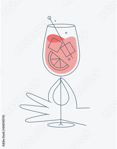 Obraz na płótnie Hand holding glass of spritz cocktail drawing in flat line style w salonie